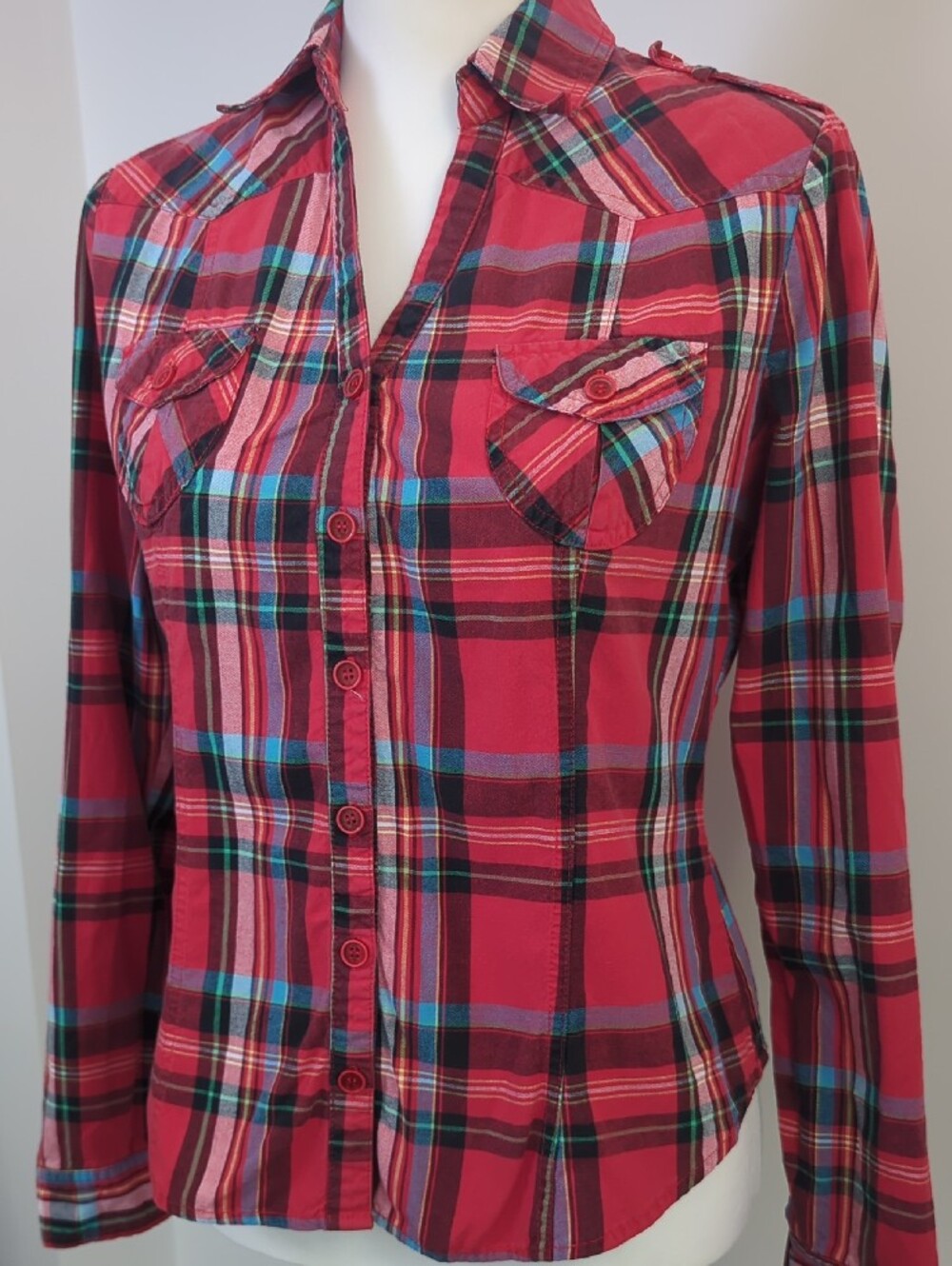 Forever 21 Cute Red Plaid Western Fitted Button Down Long Sleeve Shirt LARGE